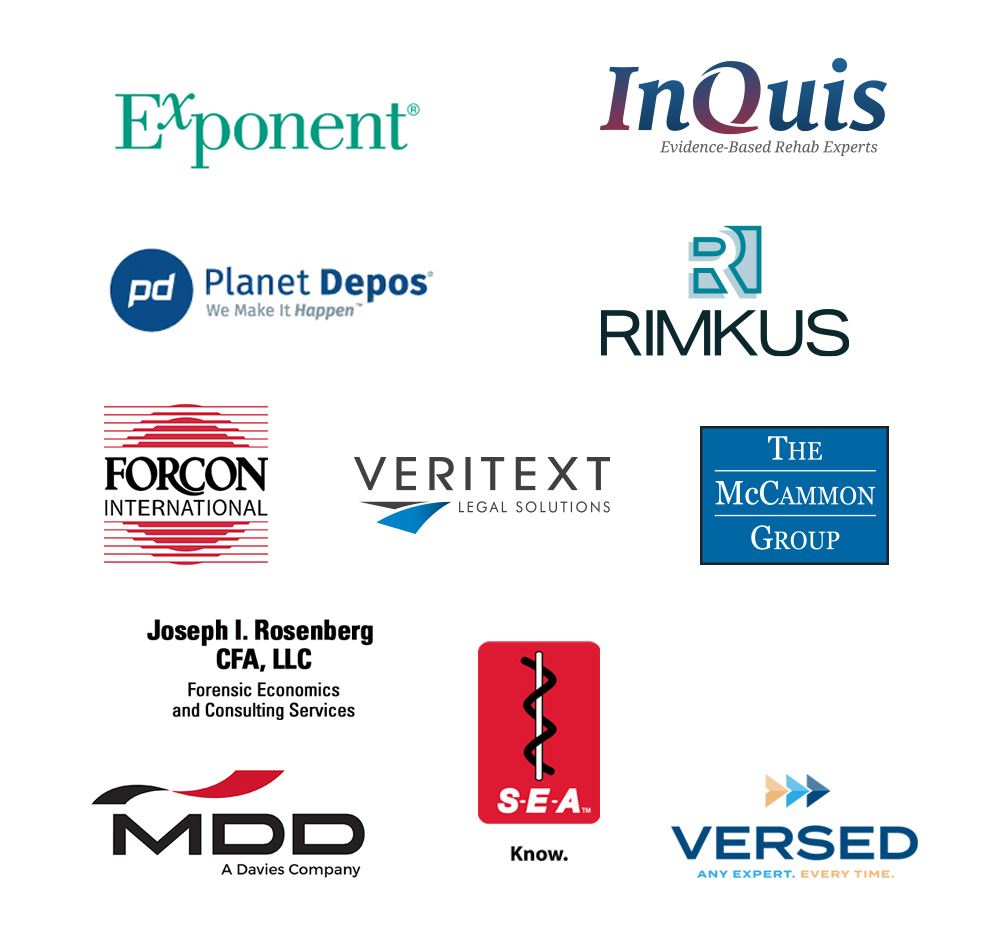 Exponent, InQuis, Planet Depos, Rimkus, Forcon, The McCammon Group, SEA, Joseph I. Rosenberg, CFA, LLC, Versed, MDD, Veritext